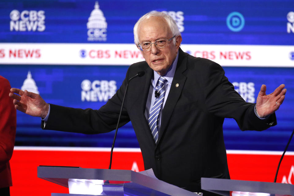 Democratic presidential candidates Sen. Bernie Sanders, I-Vt., speaks during a Democratic presidential primary debate at the Gaillard Center, Tuesday, Feb. 25, 2020, in Charleston, S.C., co-hosted by CBS News and the Congressional Black Caucus Institute. (AP Photo/Patrick Semansky)