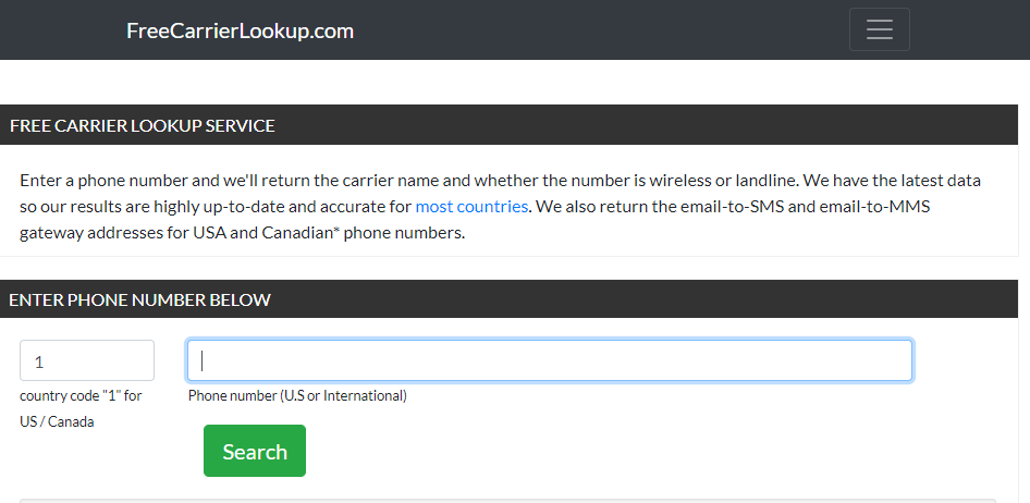 A screenshot of FreeCarrierLookup.com