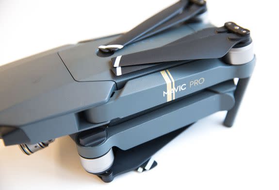 The DJI Mavic Pro folds into a small, compact, portable shape.