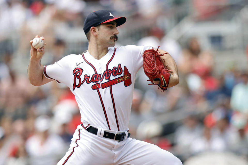 Atlanta Braves starting pitcher Spencer Strider delivers during the first inning of a baseball game against the Miami Marlins, Sunday, July 2, 2023, in Atlanta. (AP Photo/Alex Slitz)