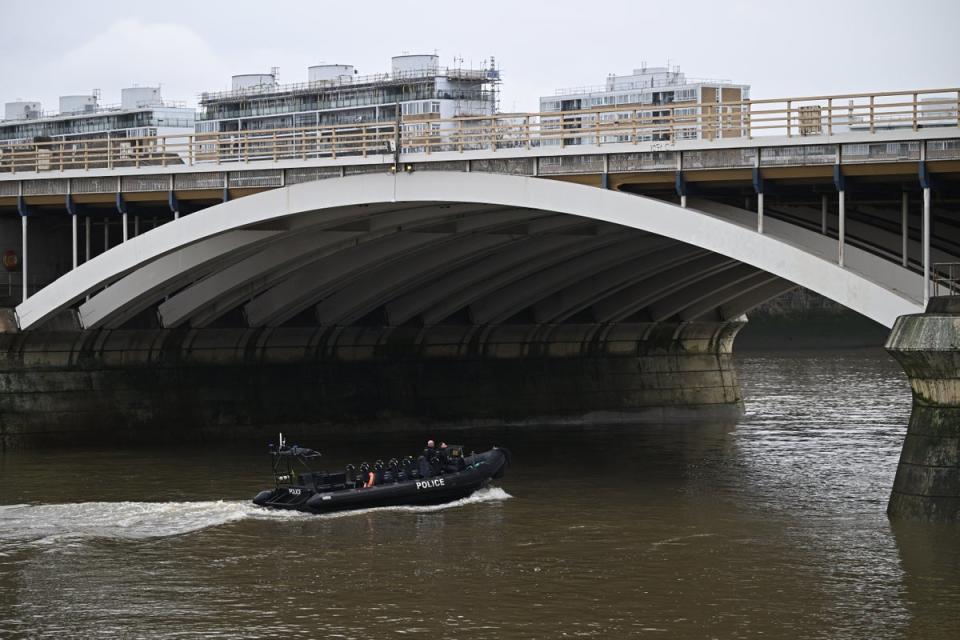 Police boats are spotted searching the Thames near Chelsea Bridge on Saturday February 10 (Getty Images)