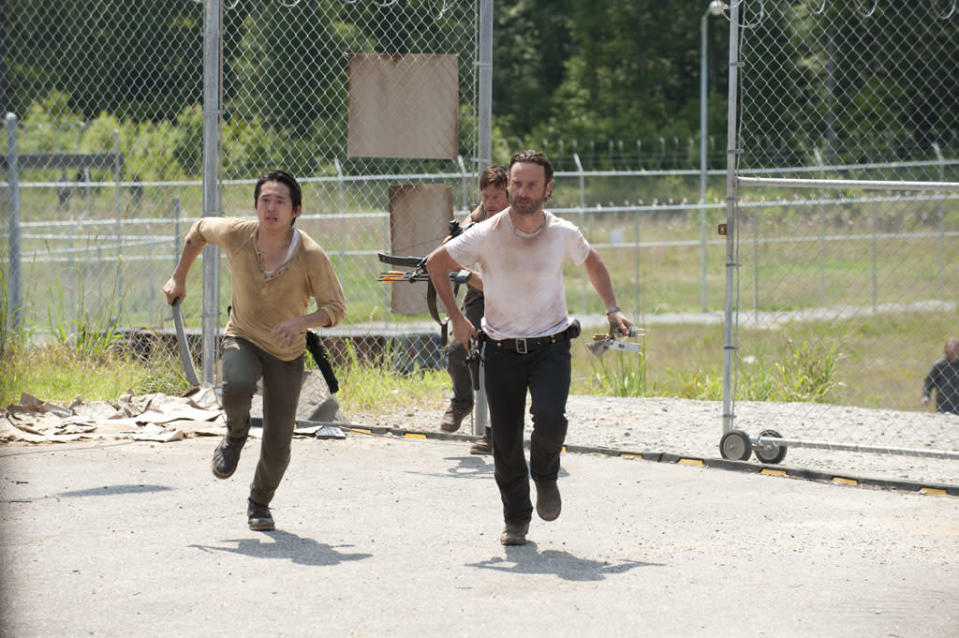 Glenn (Steven Yeun), Daryl Dixon (Norman Reedus) and Rick Grimes (Andrew Lincoln) in "The Walking Dead" episode, "Killer Within."