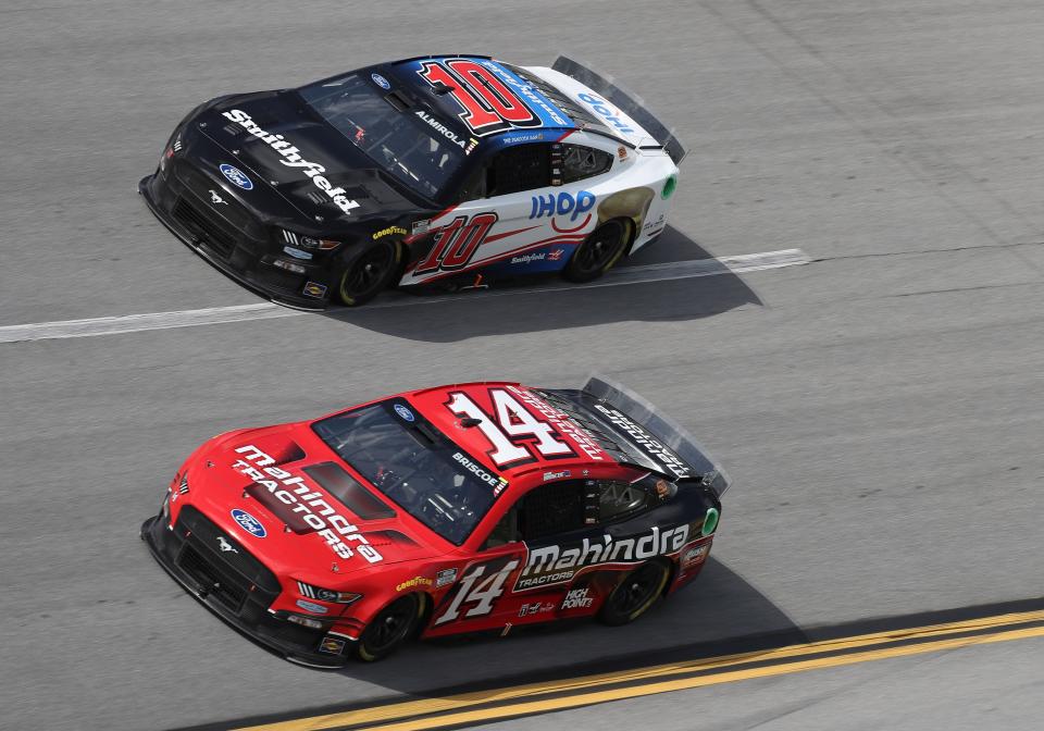 Mitchell's Chase Briscoe (14) duels with SHR Racing teammate Aric Almirola at Talladega Superspeedway. Briscoe will sport the Mahindra Tractors colors Sunday at Nashville Superspeedway.