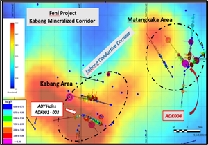 Kabang drilling area showing IP conductive channel, IP phase targets and location of the five completed Adyton diamond drill holes. Hole ADK004 is shown.