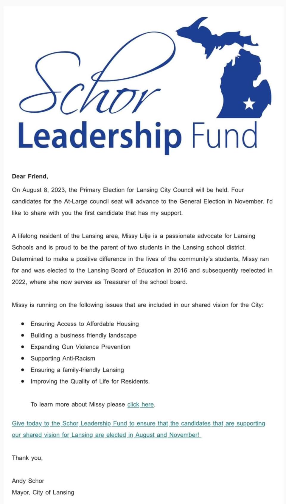 A new version of Andy Schor's "Schor Leadership Fund" campaign email that was allegedly sent out to some city employees.