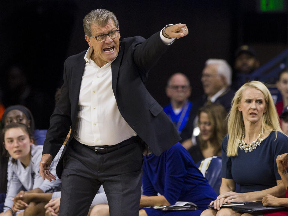 Connecticut head coach Geno Auriemma directs players during the first half of an NCAA college basketball game Sunday, Dec. 2, 2018, in South Bend, Ind. (AP Photo/Robert Franklin)