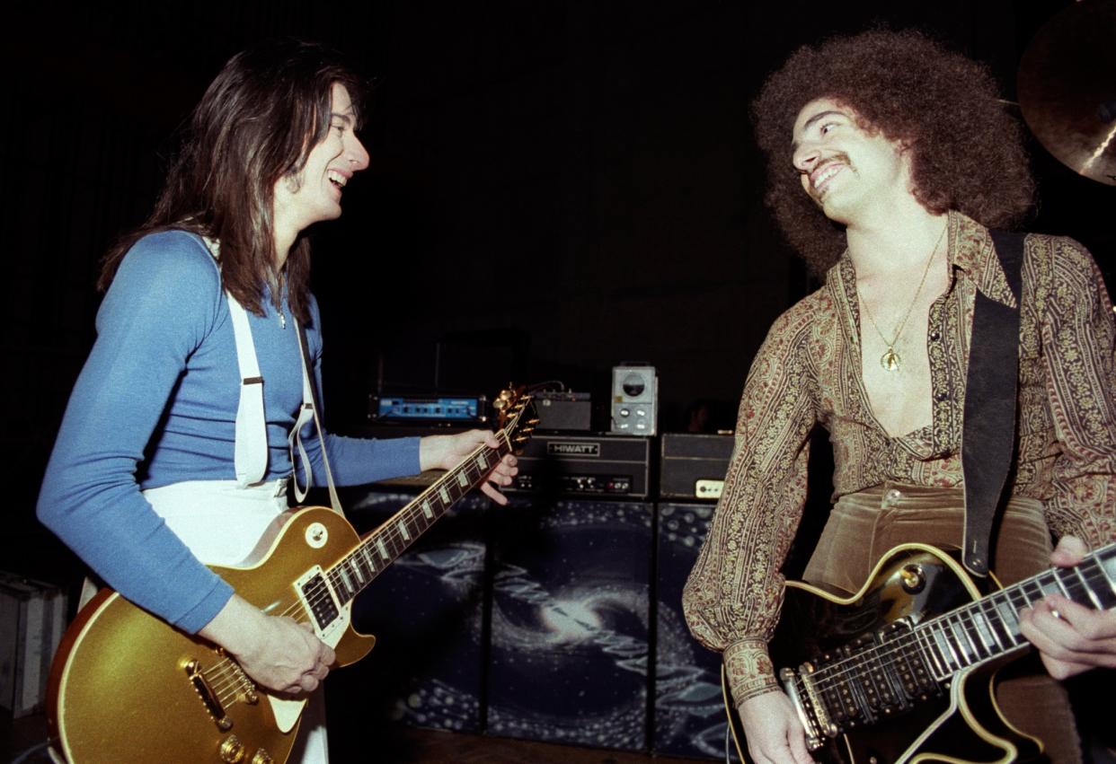 SAN FRANCISCO – JANUARY 7: Steve Perry and Neal Schon perform with Journey at a TV show taping at the Japan Center Theater in San Francisco – January 7, 1978. (Photo by Ed Perlstein/Redferns/Getty Images)