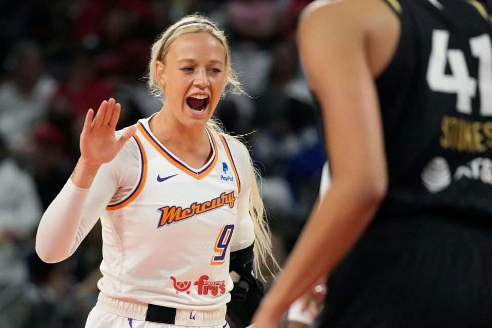 Phoenix Mercury guard Sophie Cunningham (9) reacts after a play against the Las Vegas Aces during the first half in Game 2 of a WNBA basketball first-round playoff series Saturday, Aug. 20, 2022, in Las Vegas. (AP Photo/John Locher)