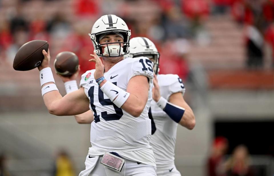 Penn State quarterback Drew Allar warms up for the Rose Bowl game against Utah on Monday, Jan. 2, 2023.