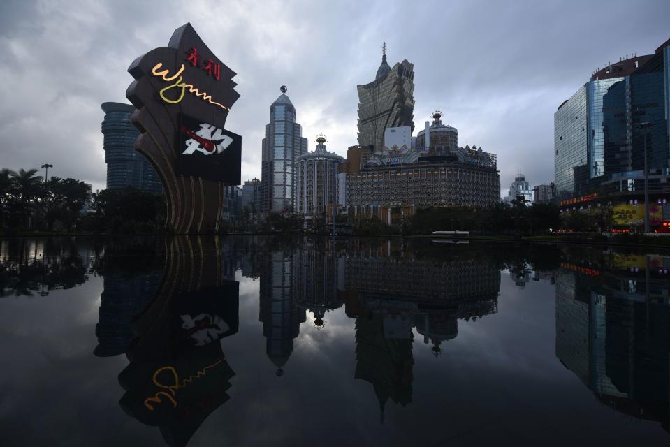 <p>A general view shows casino hotels and some broken windows of the Paradise Kam Pek Casino (R) in Macau on Aug. 24, 2017, a day after Typhoon Hato hit the territory. (Photo: Anthony Wallace/AFP/Getty Images) </p>