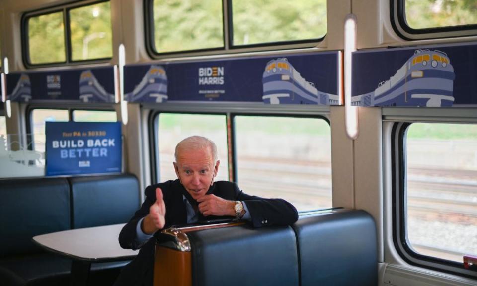 Biden rides the train on a campaign tour in Pennsylvania in September.