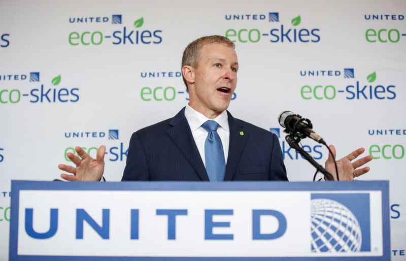 FILE PHOTO: United Airlines president Scott Kirby speaks at O'Hare International Airport in Chicago
