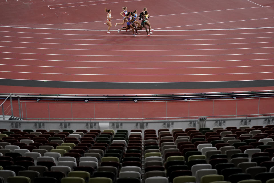 Competitors run in the semifinal of the women's 800-meters at the 2020 Summer Olympics, Saturday, July 31, 2021, in Tokyo. (AP Photo/Jae C. Hong)