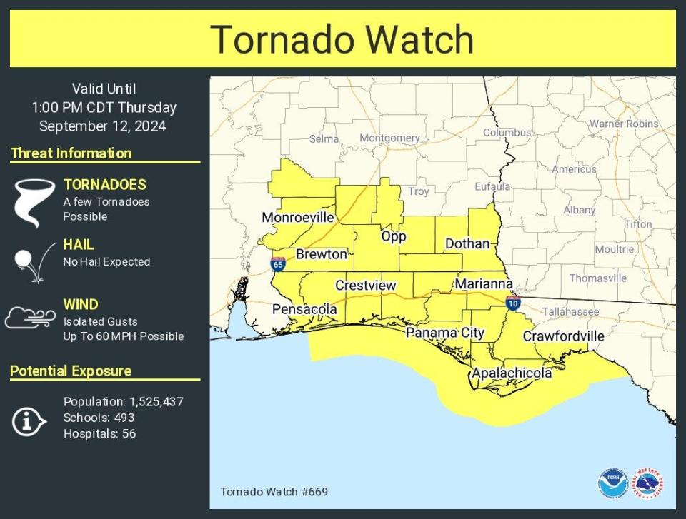 A tornado warning is in effect for 13 Florida counties in the Panhandle until September 12, 2024 at 1:00 p.m. CDT.