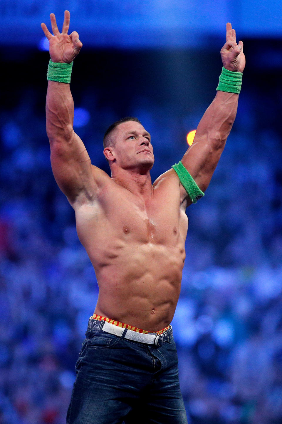 John Cena celebrates his win during Wrestlemania XXX at the Mercedes-Benz Super Dome in New Orleans on Sunday, April 6, 2014. (Jonathan Bachman/AP Images for WWE)