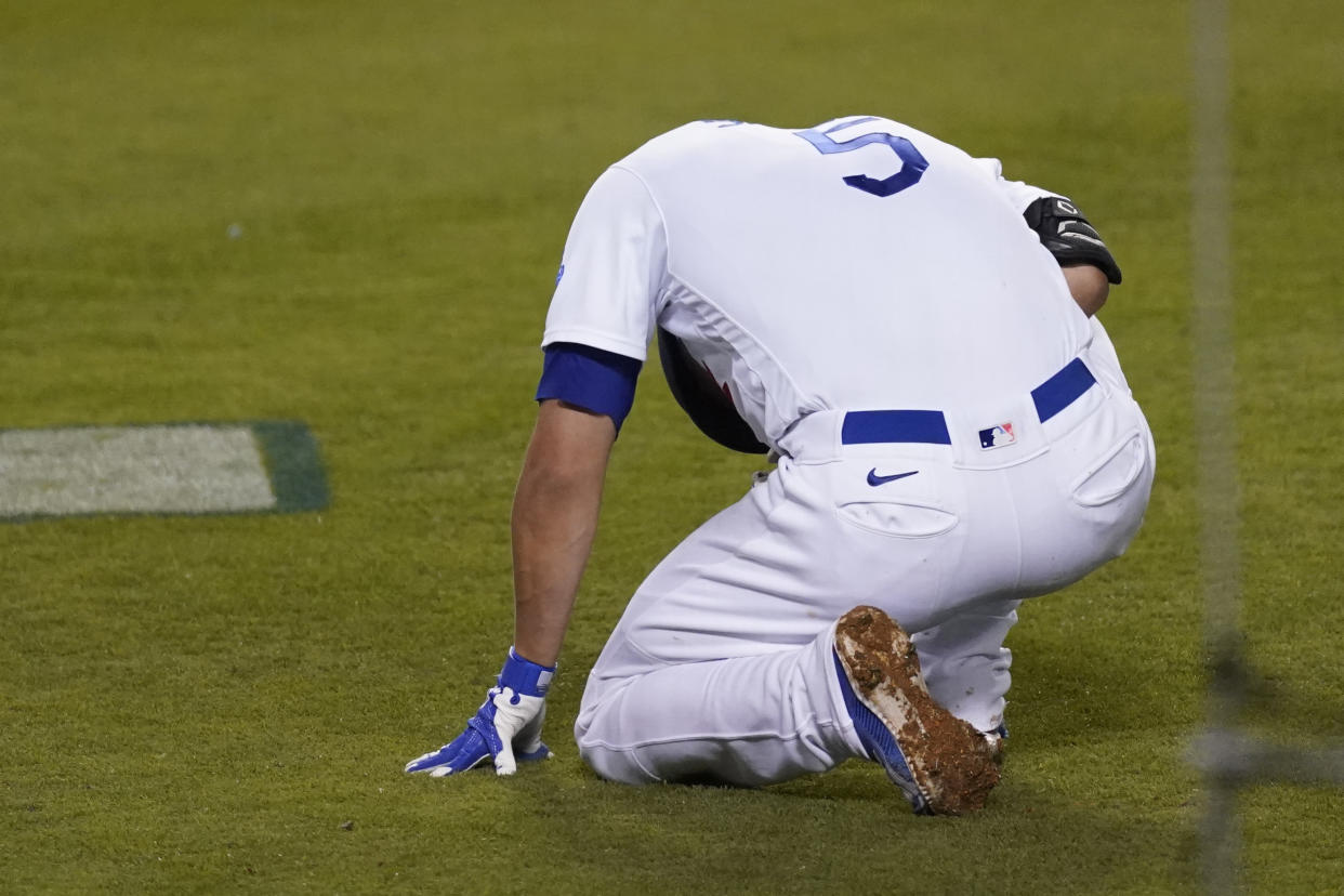 Los Angeles Dodgers' Corey Seager after being hit by a pitch on May 15, 2021.