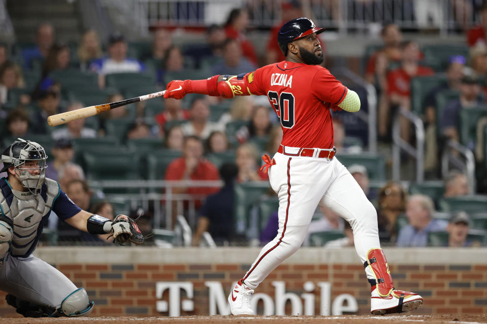 Marcell Ozuna繳出雙安貢獻3分打點，幫助勇士以4分之差力克水手。(Photo by Alex Slitz/Getty Images)