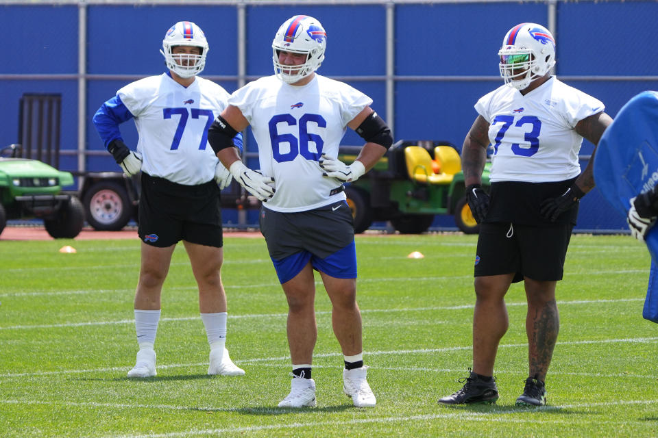 Bills tackle / guard David Quessenberry (77) and guard Connor McGovern (66) and tackle Dion Dawkins (73) during Buffalo Bills Minicamp.  Mandatory Credit: Gregory Fisher-USA TODAY Sports
