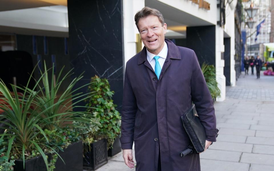 Richard Tice, the leader of Reform UK, arrives at a press conference in London this morning