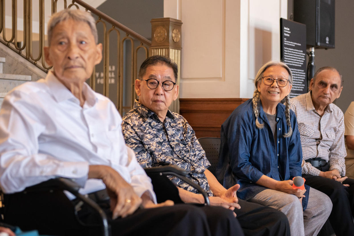 (From left to right) Local artists Lim Yew Kuan, Koeh Sia Yong, Amanda Heng, and Rajendra Gour at the media briefing session for Awakenings: Art in Society in Asia 1960s-1990s on 10 June, 2019. (PHOTO: National Gallery Singapore)