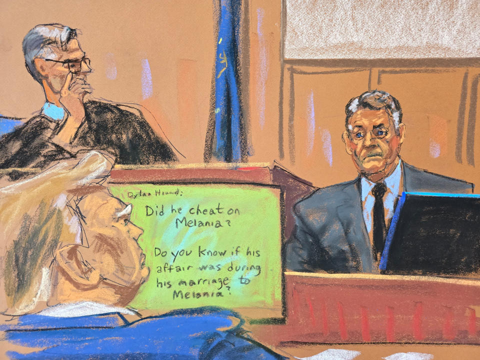 Attorney Keith Davidson testifies during Trump's hush money trial in this courtroom sketch on Tuesday as Trump and Judge Juan Merchan look on. Davidson returned to the witness stand Thursday. (Jane Rosenberg/Reuters)