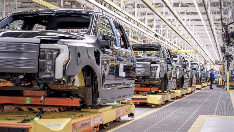 F-150 Lightnings being manufactured at Ford's Rouge Electric Vehicle Center