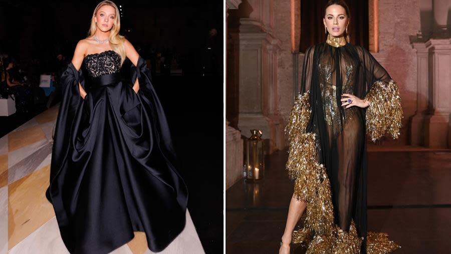 Haute couture at the 2023 Venice International Film Festival: (Left) Sidney Sweeney in Giorgio Armani, (Right) Kate Beckinsale in Georges Chakra. (German Larkin for Armani; Ryan Emberley for AmFar)