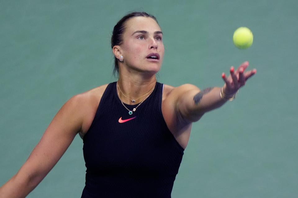 Aryna Sabalenka, of Belarus, serves to Zheng Qinwen, of China, during the quarterfinals of the U.S. Open tennis championships, Tuesday, Sept. 3, 2024, in New York. (AP Photo/Eduardo Munoz Alvarez) (AP)