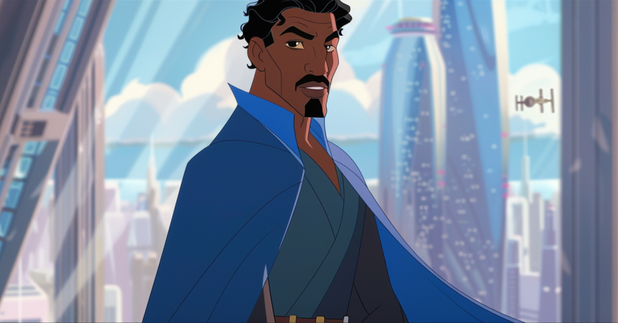 Lando in a suit standing in front of futuristic cityscape, looking to the side with a confident expression