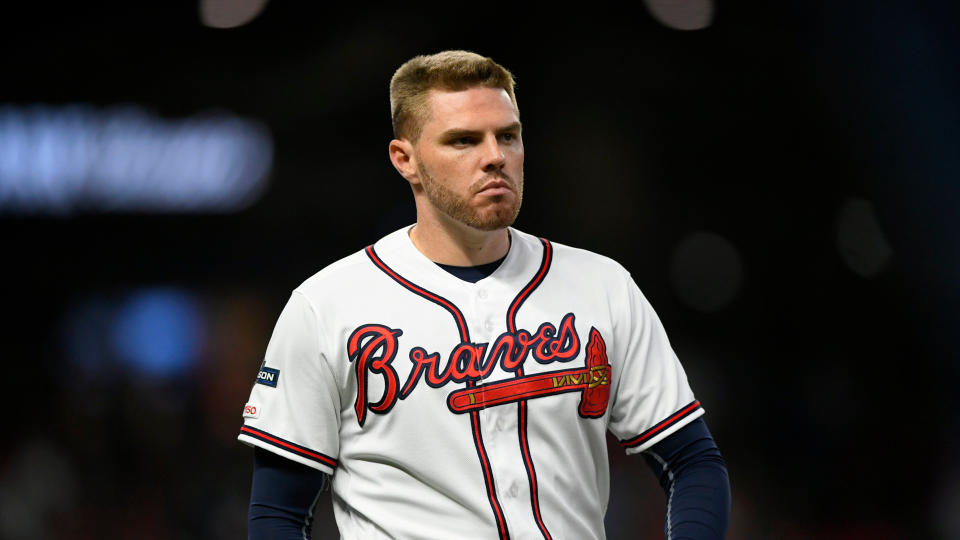 Mandatory Credit: Photo by John Amis/AP/Shutterstock (10440117al)Atlanta Braves' Freddie Freeman stands on the field during the eighth inning of Game 5 of their National League Division Series baseball game against the St.