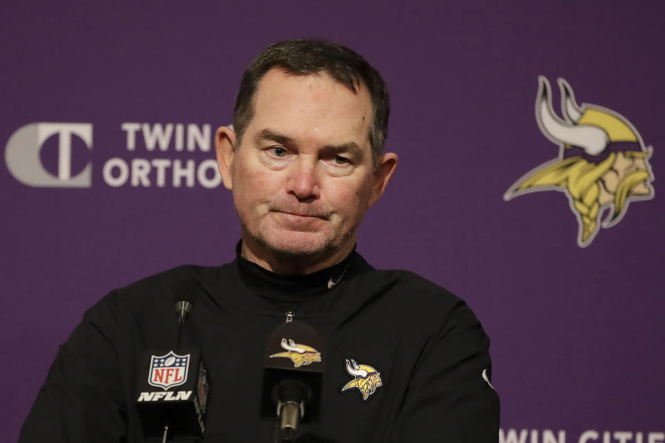 Minnesota Vikings head coach Mike Zimmer speaks at a news conference after the Vikings were defeated by the San Francisco 49ers in an NFL divisional playoff football game, Saturday, Jan. 11, 2020, in Santa Clara, Calif. (AP Photo/Marcio Jose Sanchez)