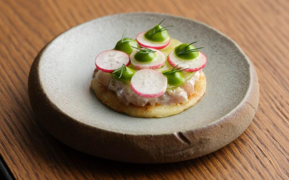 A mackerel flatbread dish on the tasting menu at Skof