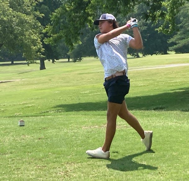 Laird Williams of Franklin tees off on No. 9 on the north course at McCabe Friday in The 2023 Tennessean/Metro Parks Schooldays golf tournament. Williams went on to win the boys championship.