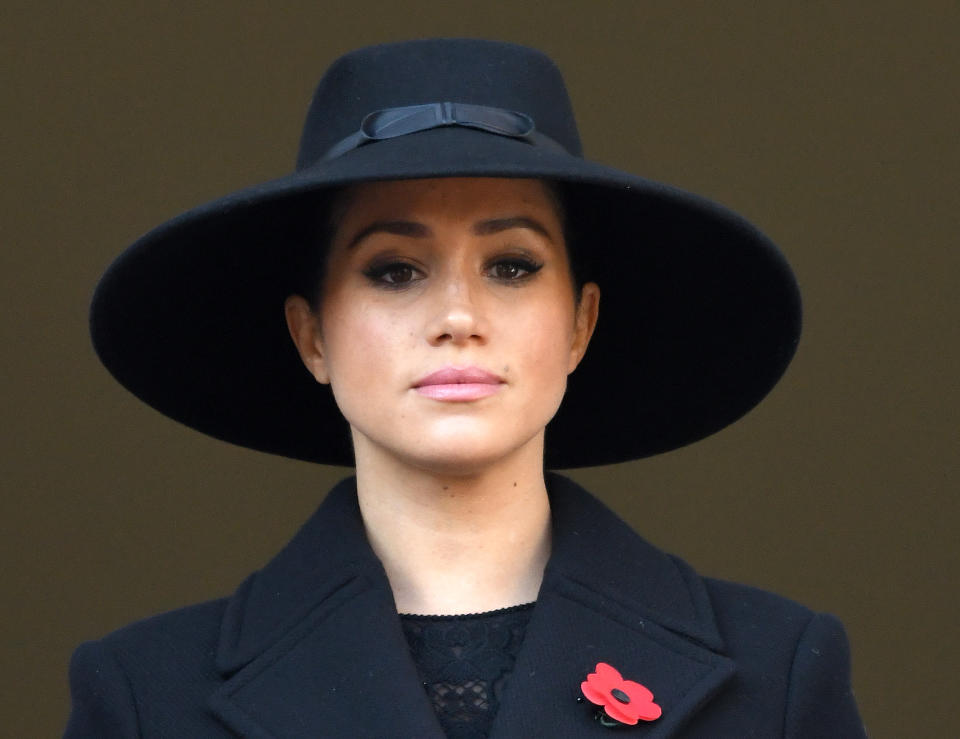 LONDON, ENGLAND - NOVEMBER 10: Meghan, Duchess of Sussex attends the annual Remembrance Sunday memorial at The Cenotaph on November 10, 2019 in London, England.  (Photo by Karwai Tang/WireImage)