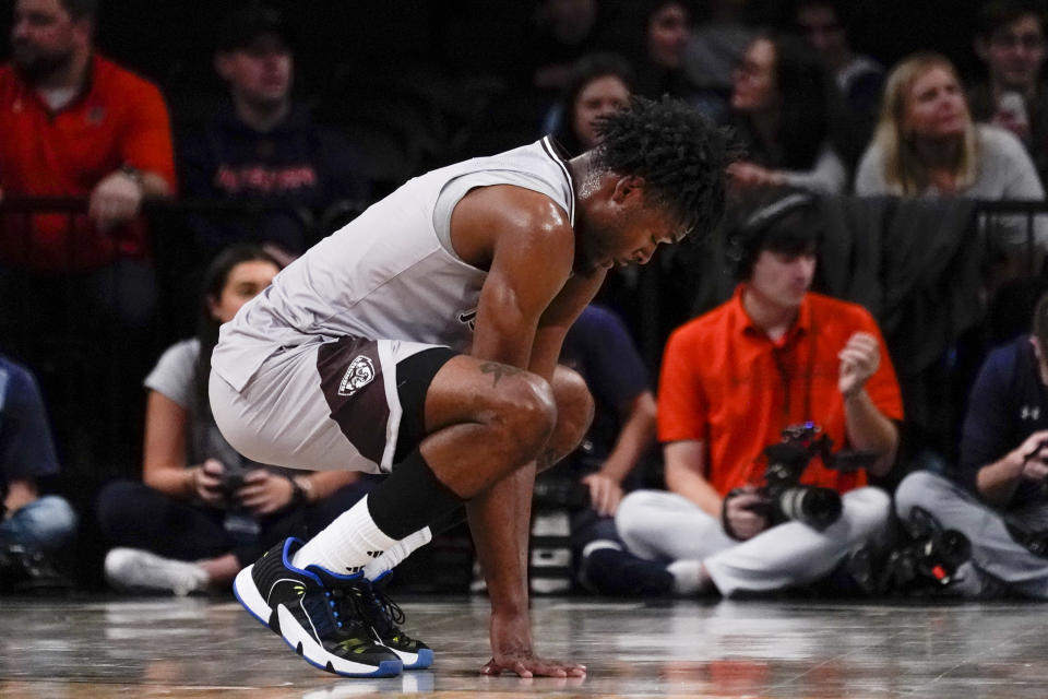 St. Bonaventure forward Barry Evans (0) reacts during the second half of an NCAA college basketball game against Auburn in the final of the Legends Classic tournament in New York, Friday, Nov. 17, 2023. (AP Photo/Peter K. Afriyie)