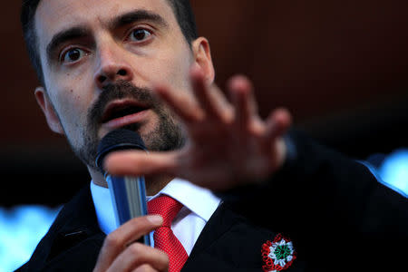 Chairman of the Hungarian right wing opposition party Jobbik Gabor Vona speaks at a campaign forum in Nagykanizsa, Hungary, March 16, 2018. REUTERS/Bernadett Szabo