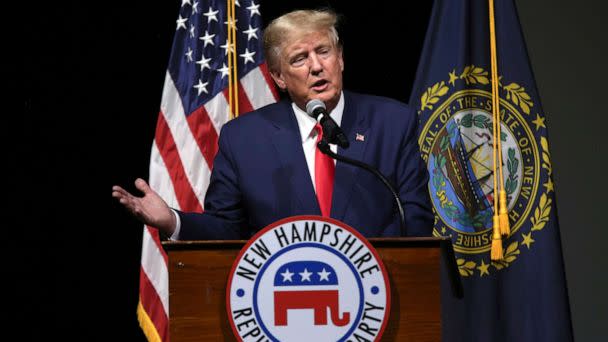 PHOTO: Former President Donald Trump speaks during the New Hampshire Republican State Committee 2023 annual meeting, on Jan. 28, 2023, in Salem, N.H. (Reba Saldanha/AP)