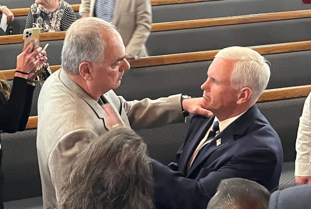 Former Vice President Mike Pence speaks with congregants at Lakewood Baptist Church in Rock Hill, South Carolina, on Thursday after speaking at the National Day of Prayer service. (Photo: S.V. Date/HuffPost)