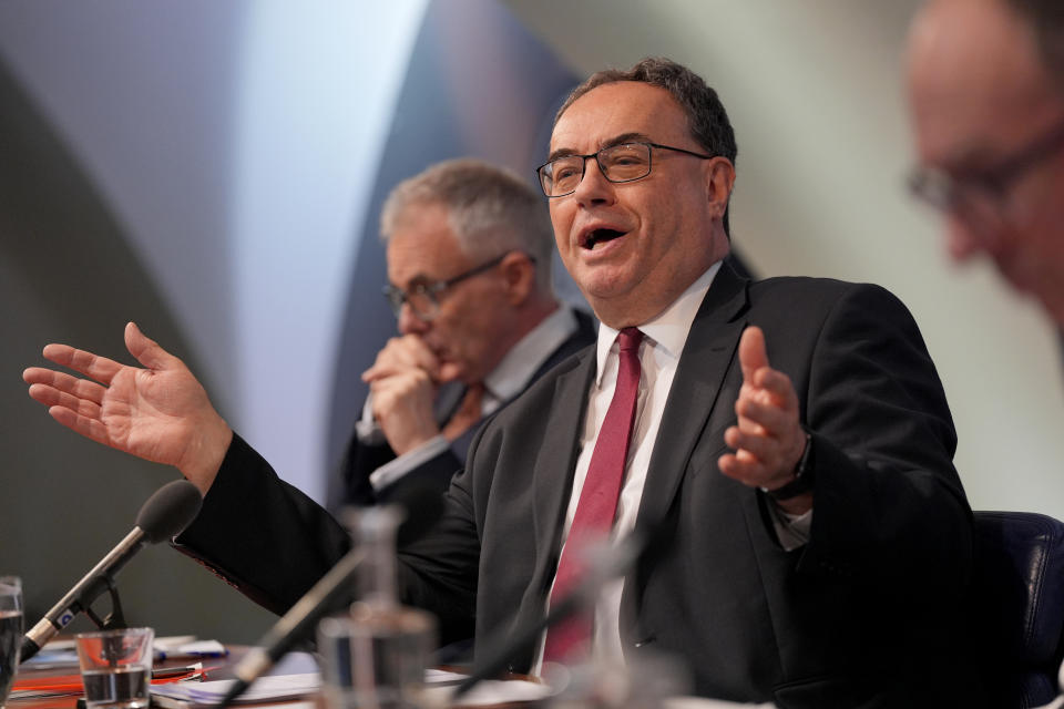 LONDON, ENGLAND - MAY 9: Andrew Bailey, Governor of the Bank of England, speaks during the Bank of England Monetary Policy Report press conference at the Bank of England on May 9, 2024 in London, England. The Bank of England published the UK Monetary Policy Summary and minutes of the Monetary Policy Committee meeting today. The UK's economic forecast shows a positive trend, with growth revised higher and inflation expectations sharply reduced. (Photo by Yui Mok - WPA Pool/Getty Images)