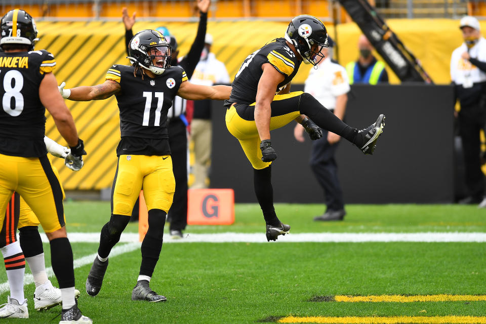 James Conner of the Pittsburgh Steelers celebrates after a touchdown run against the Cleveland Browns. (Photo by Joe Sargent/Getty Images)