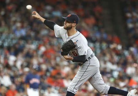 Jul 15, 2018; Houston, TX, USA; Detroit Tigers relief pitcher Shane Greene (61) delivers a pitch during the ninth inning against the Houston Astros at Minute Maid Park. Mandatory Credit: Troy Taormina-USA TODAY Sports