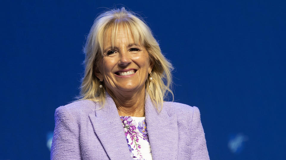 First lady Jill Biden smiles as she is introduced before speaking during the American Federation of Teachers convention in Boston on July 15. 