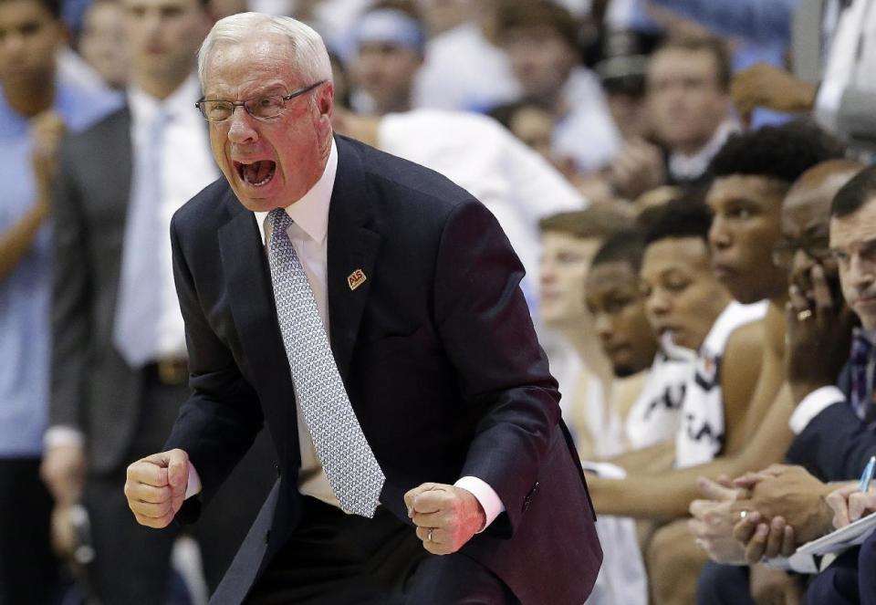 North Carolina coach Roy Williams reacts during the second half of an NCAA college basketball game against Duke in Chapel Hill, N.C., Saturday, March 4, 2017. (AP Photo/Gerry Broome)