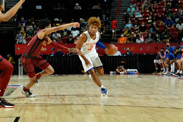 Miles McBride #2 of the New York Knicks dribbles the ball against the Cleveland Cavaliers during the 2021 Las Vegas Summer League on August 14, 2021 at the Thomas & Mack Center in Las Vegas, Nevada.