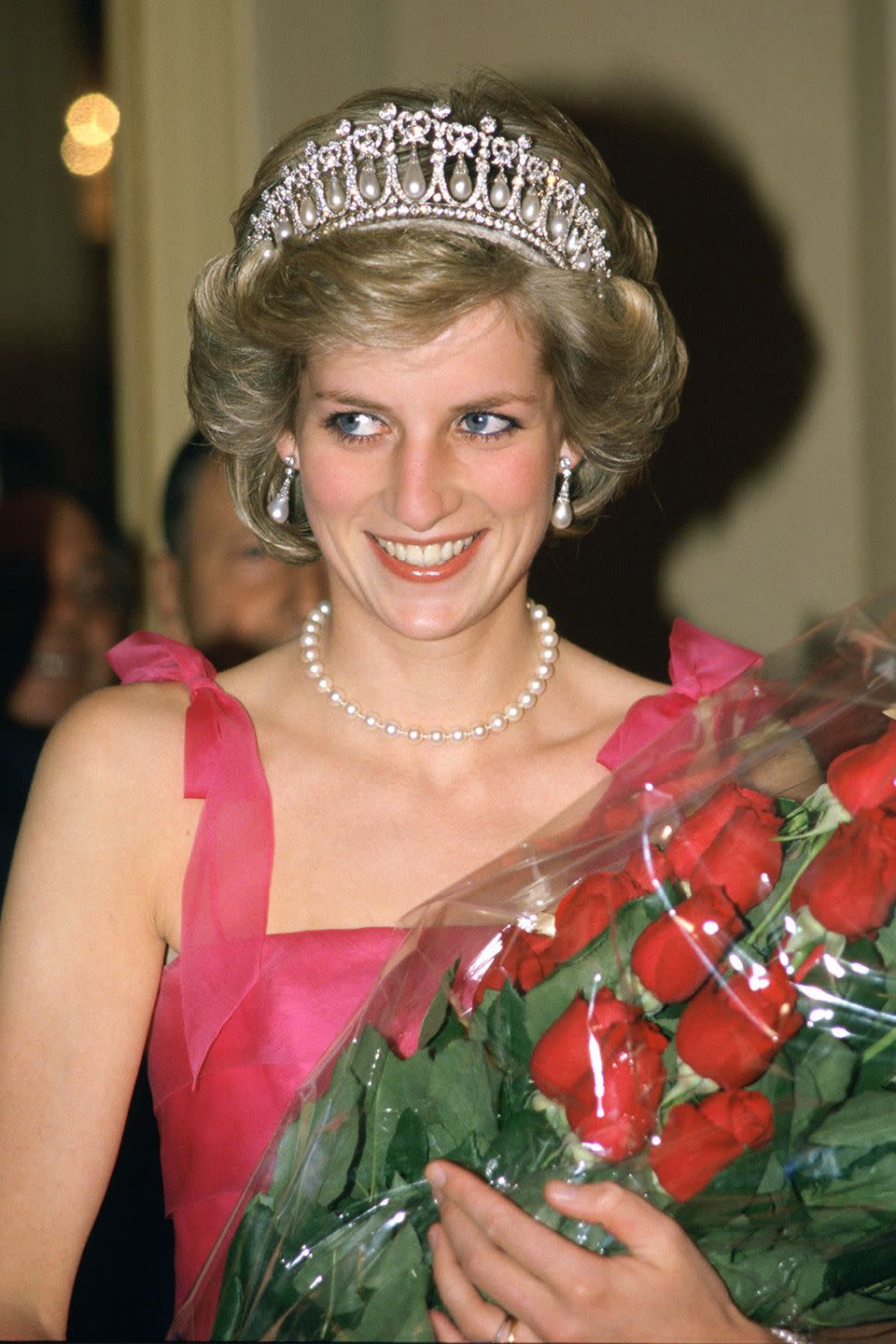 <p>In a diamond and pearl tiara at the La Scala Opera House for a performance during her official tour of Milan, Italy. </p>