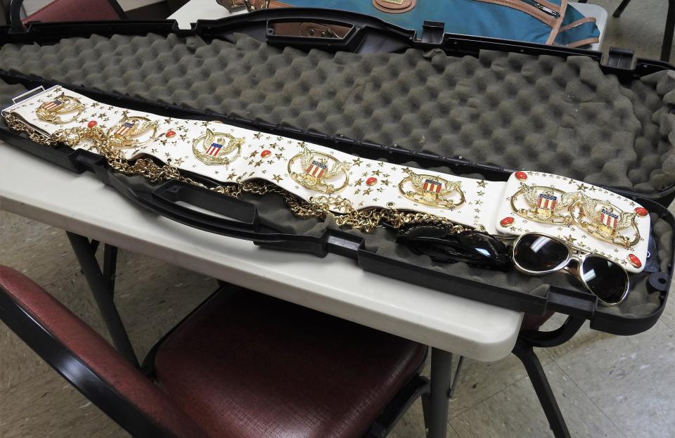 A replica of the belt Elvis Presley wore for the Aloha From Hawaii concert made by Elvis belt maker Mike McGregor. It's worn by Eric Bressi, billed as Elvi's Lost Brother, during his tribute shows to the King of Rock 'n Roll.