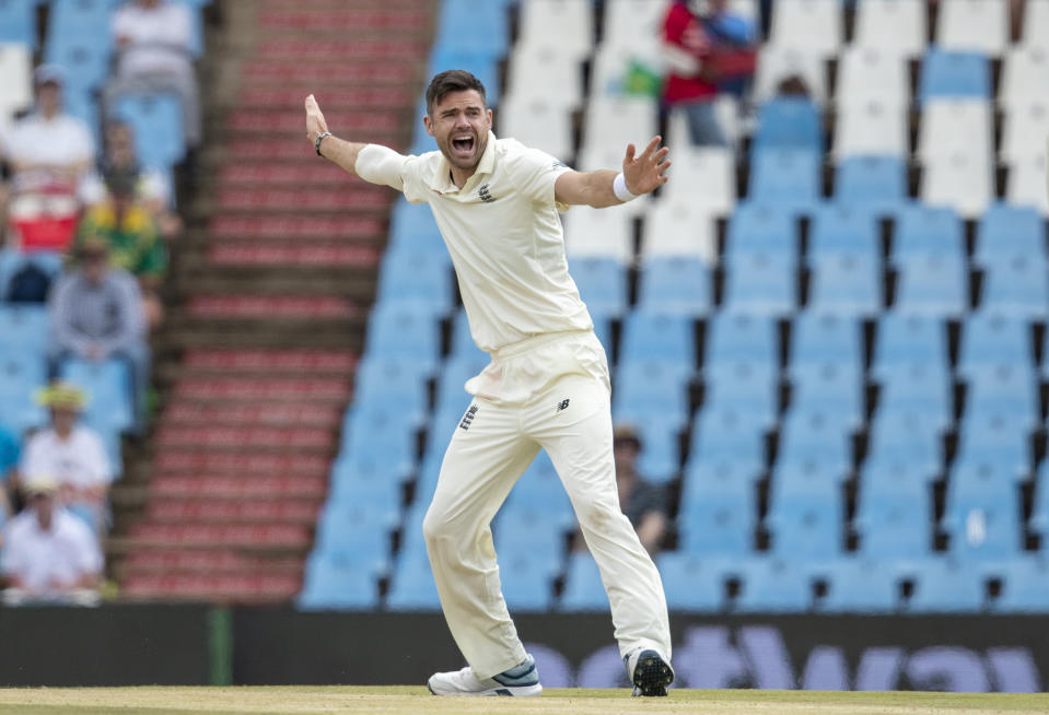 FILE - In this file photo dated Saturday, Dec. 28, 2019, England's bowler James Anderson, in action on day three of the first cricket test match between South Africa and England at Centurion Park in Pretoria, South Africa. England fast bowler James Anderson Thursday June 11, 2020, has praised the West Indies for making a “scary decision” to travel to Britain for the three-test cricket series between the teams during the coronavirus pandemic. (AP Photo/Themba Hadebe, FILE)