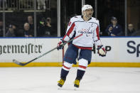 Washington Capitals' Alex Ovechkin reacts after a call during the second period in Game 1 of an NHL hockey Stanley Cup first-round playoff series against the New York Rangers, Sunday, April 21, 2024, in New York. (AP Photo/Seth Wenig)