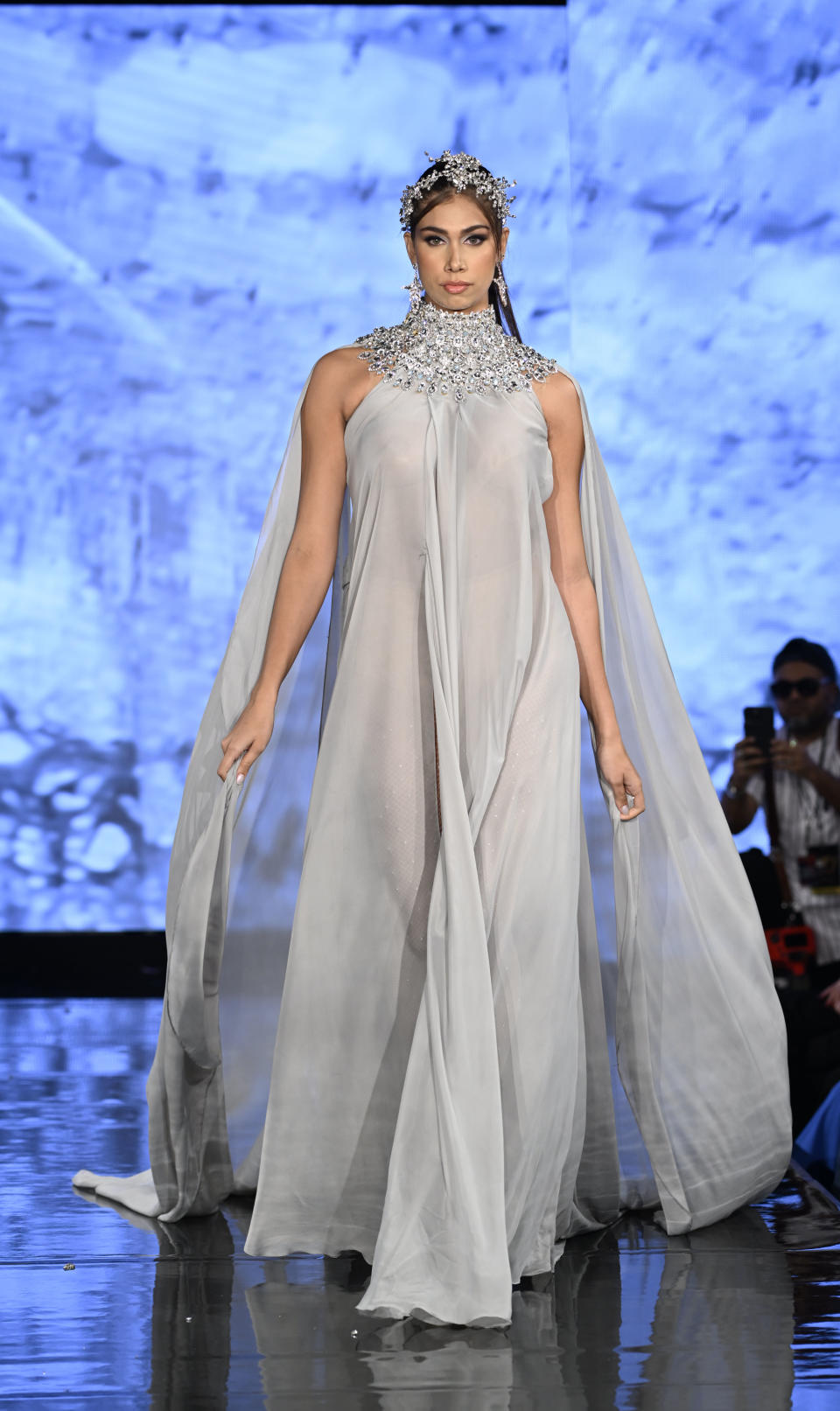 Lina Luaces on the runway using a design by Giannina Azar.  (Photo by Arun Nevader/Getty Images for Art Hearts Fashion)