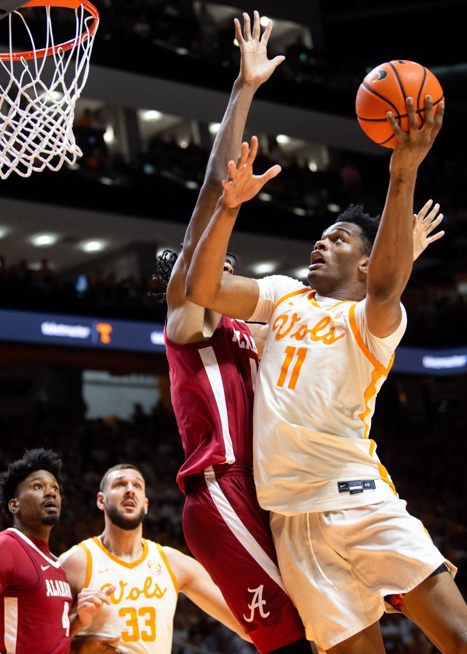 Tennessee forward Tobe Awaka (11) attempts a shot during a basketball game between the Tennessee Volunteers and the Alabama Crimson Tide held at Thompson-Boling Arena in Knoxville, Tenn., on Wednesday, Feb. 15, 2023. 